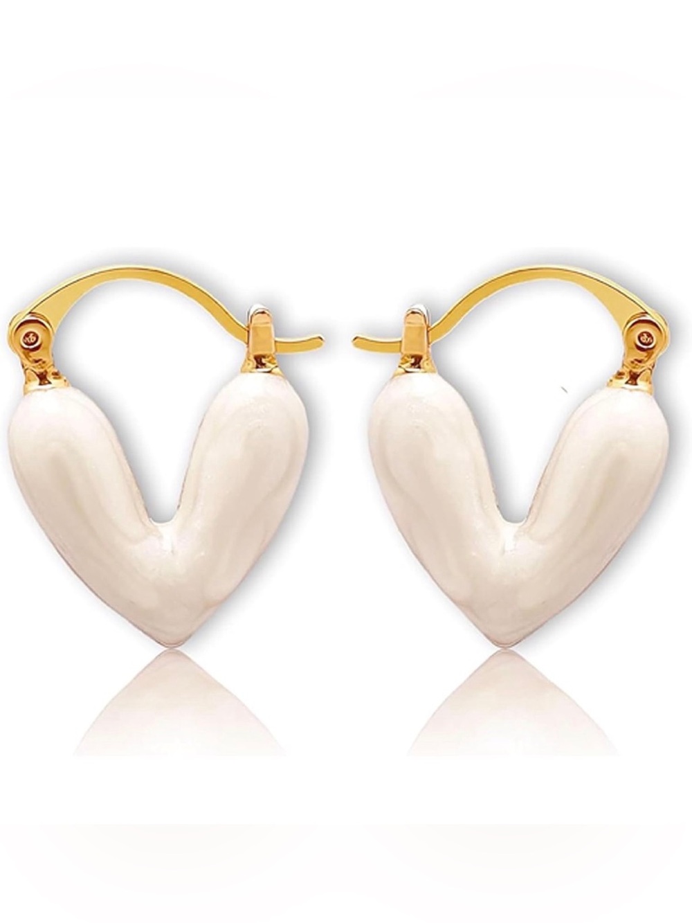 14k Gold plated puffy heart Earrings with Cream Heart Pendants - Women Jewelry